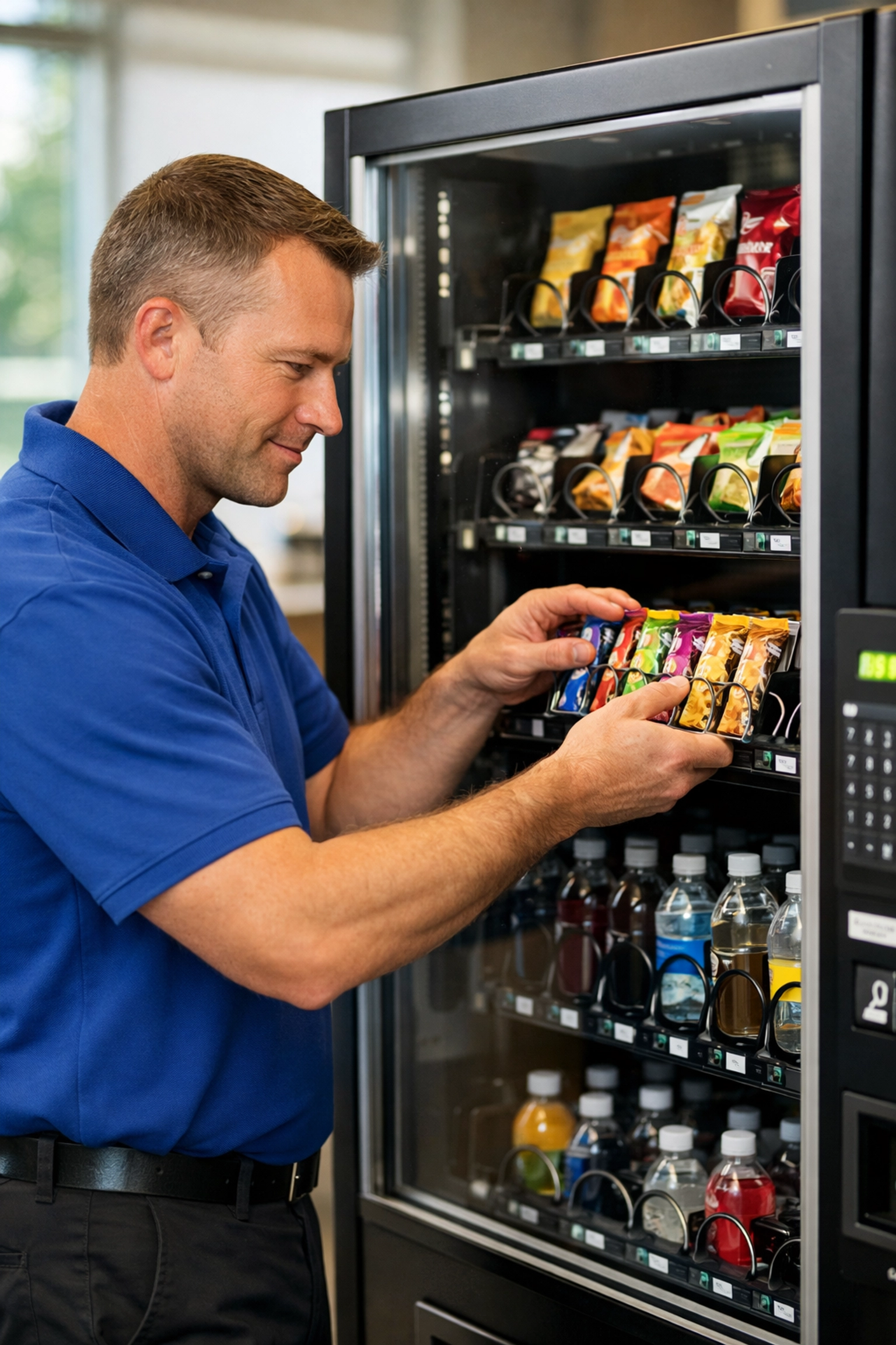 Professional vending machine service technician restocking healthy snacks in a modern Atlanta office breakroom.