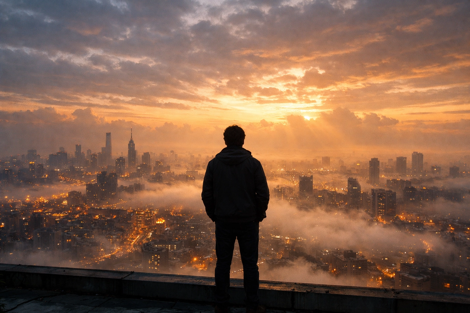 Person contemplating broken world at dawn seeking answers about suffering and sin