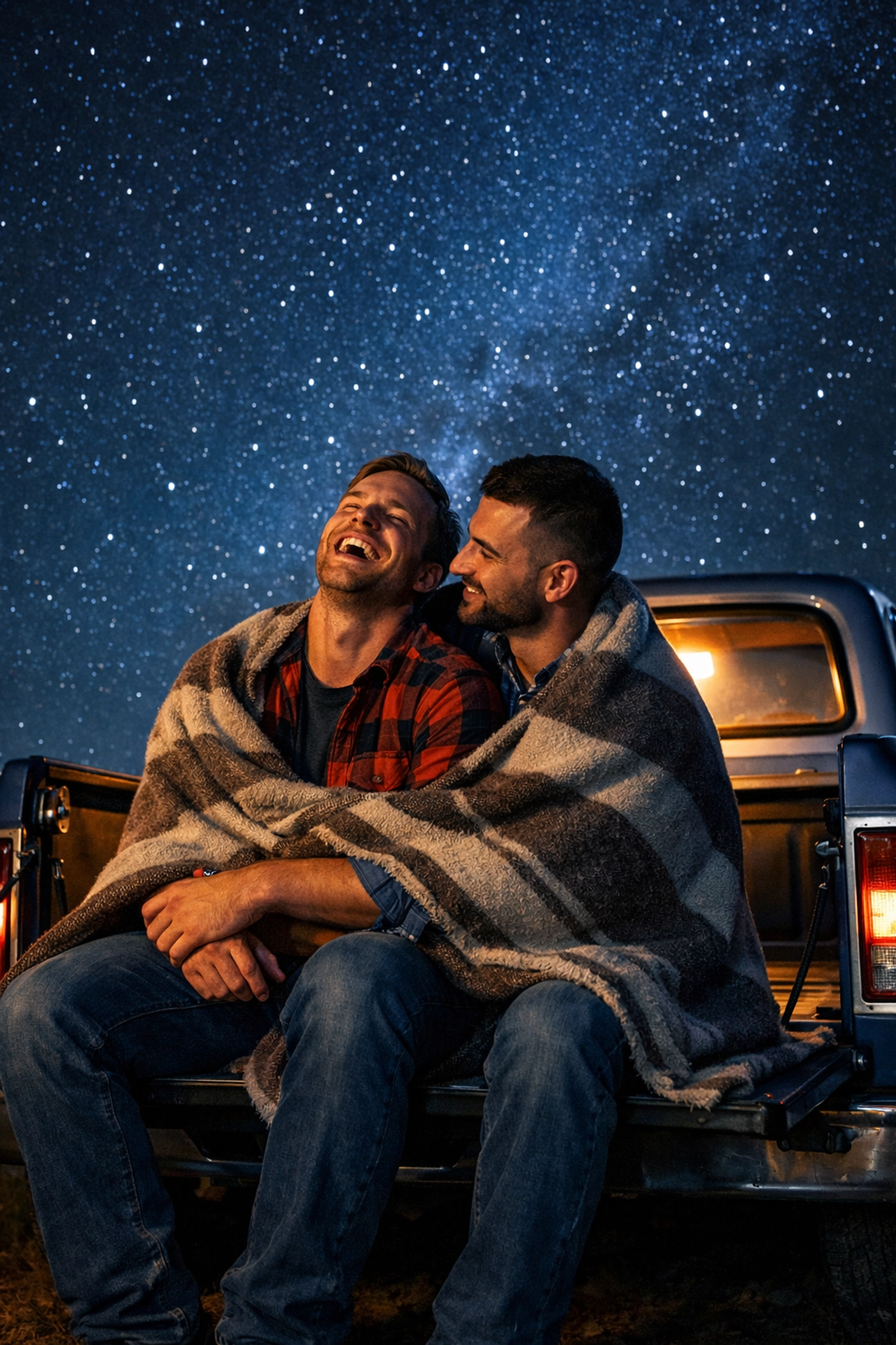 Two athletic men sharing a romantic moment on a pickup truck, showing authentic gay love in a rugged setting.