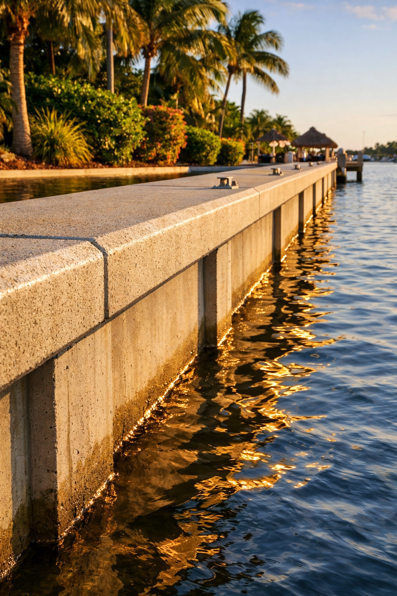 Well-maintained seawall on Cape Coral waterfront property with tropical landscaping and calm canal water