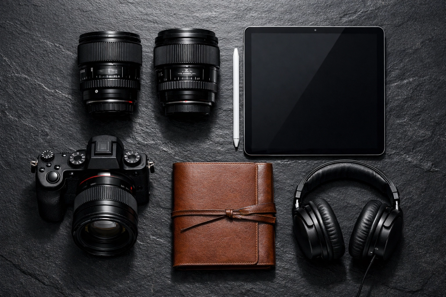 Flat lay of professional photography equipment and a tablet used to manage a successful freelance career.