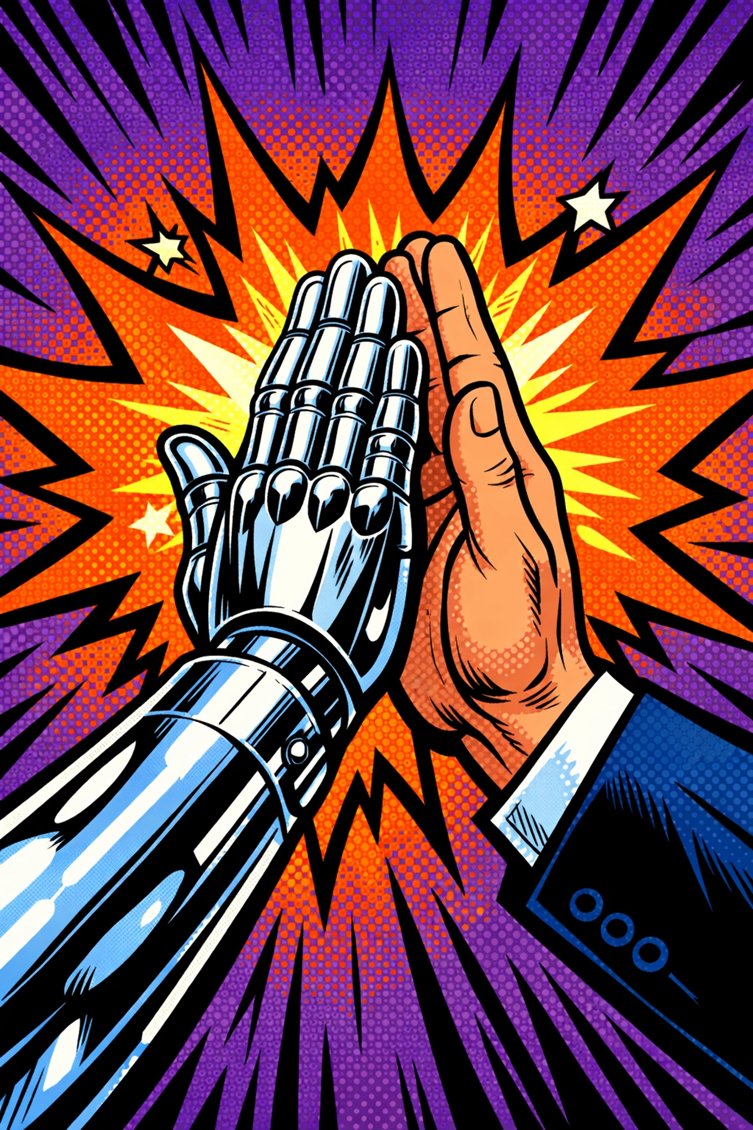 Human and AI assistant for small business high-fiving to celebrate efficient scaling.