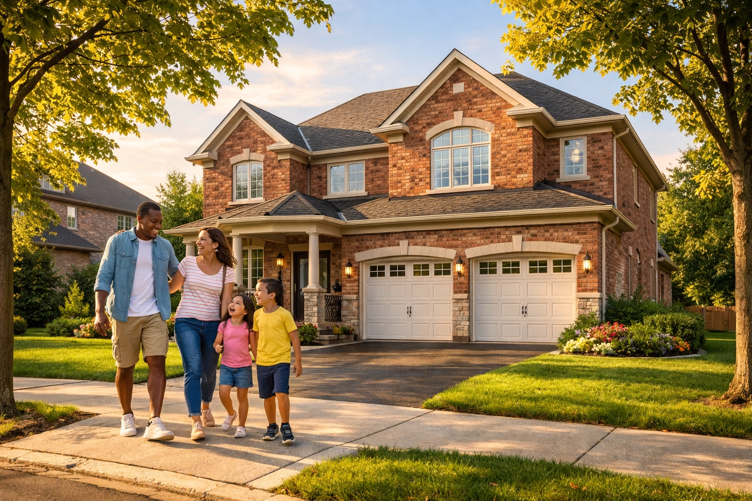 A happy family walks past a beautiful suburban home in one of the premier Aurora family neighborhoods.