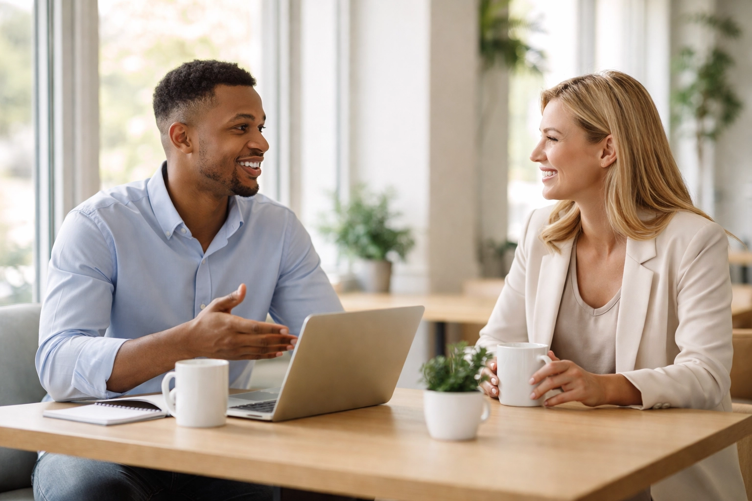 Local web designer in Durham meeting a client in a bright modern café to discuss website needs
