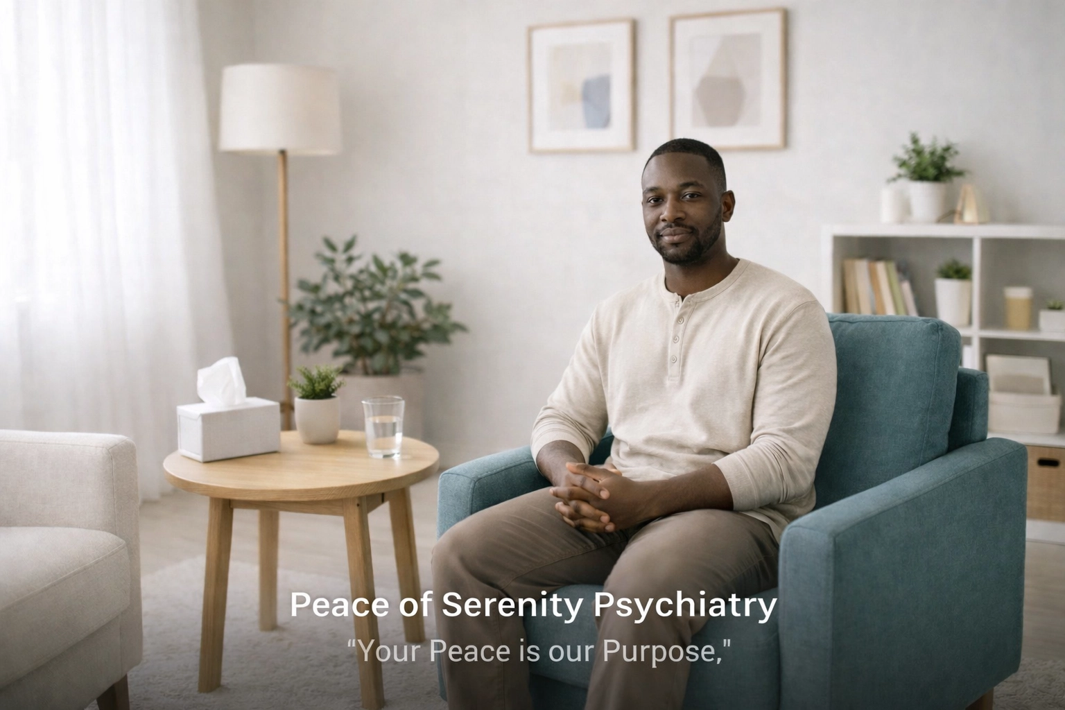 A peaceful and welcoming psychiatry consultation room at Peace of Serenity Psychiatry for personalized therapy.