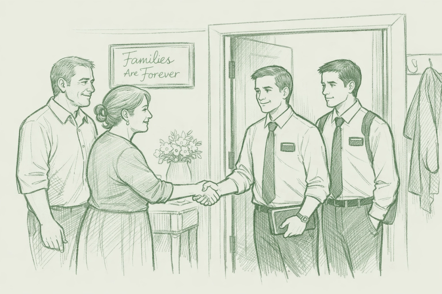 Mormon parents greeting their son's partner at family home in gay romance narrative