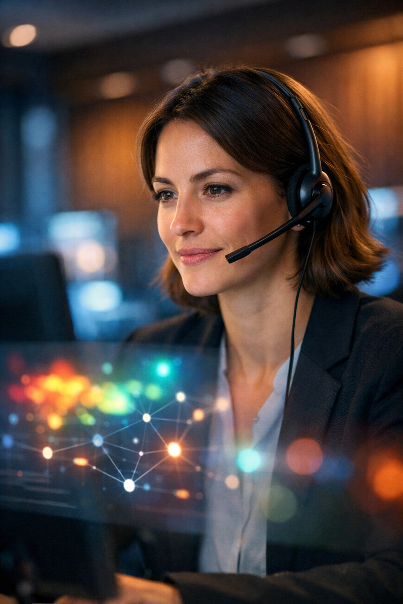 Call center agent using enterprise cloud software with advanced AI data analytics.