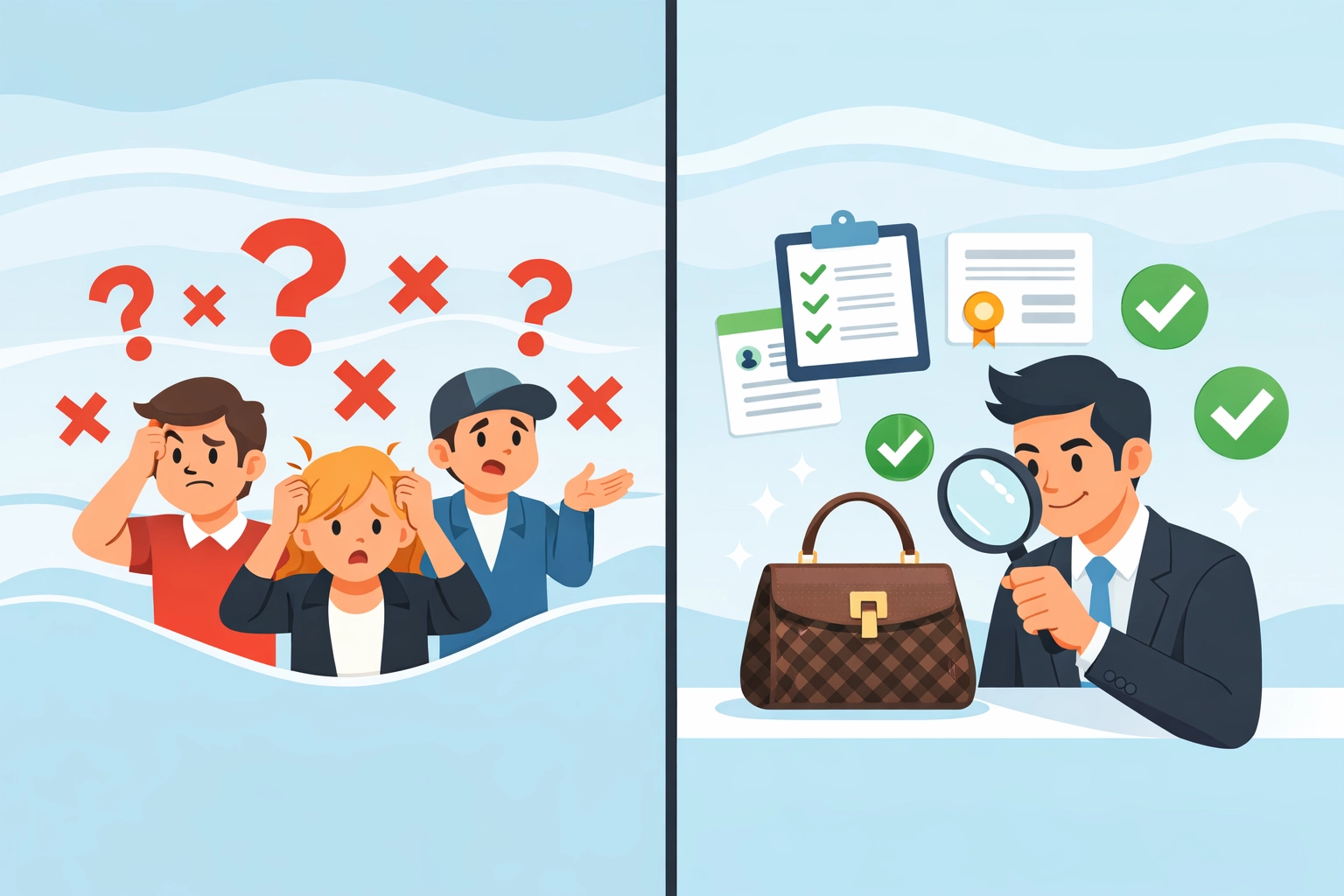 Comparison showing transparent authentication process versus unclear methods in luxury authentication