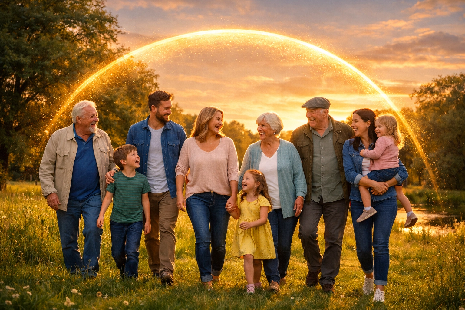 A multi-generational family walking in a park, symbolizing the protection of estate planning and LPAs.