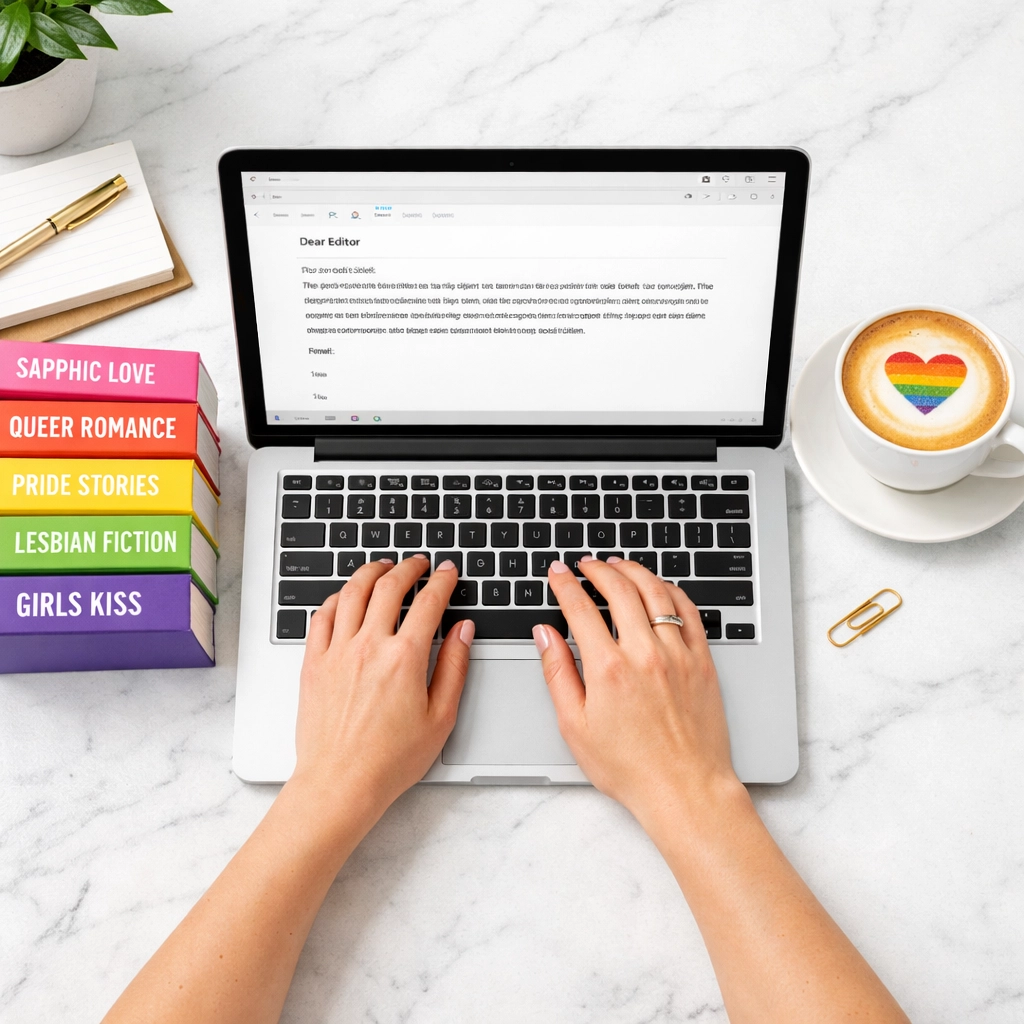 A lesbian book reviewer’s desk with a laptop, rainbow coffee, and a stack of queer novels.