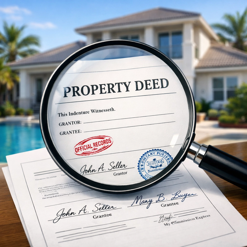 Magnifying glass examining property deed with Florida home in background