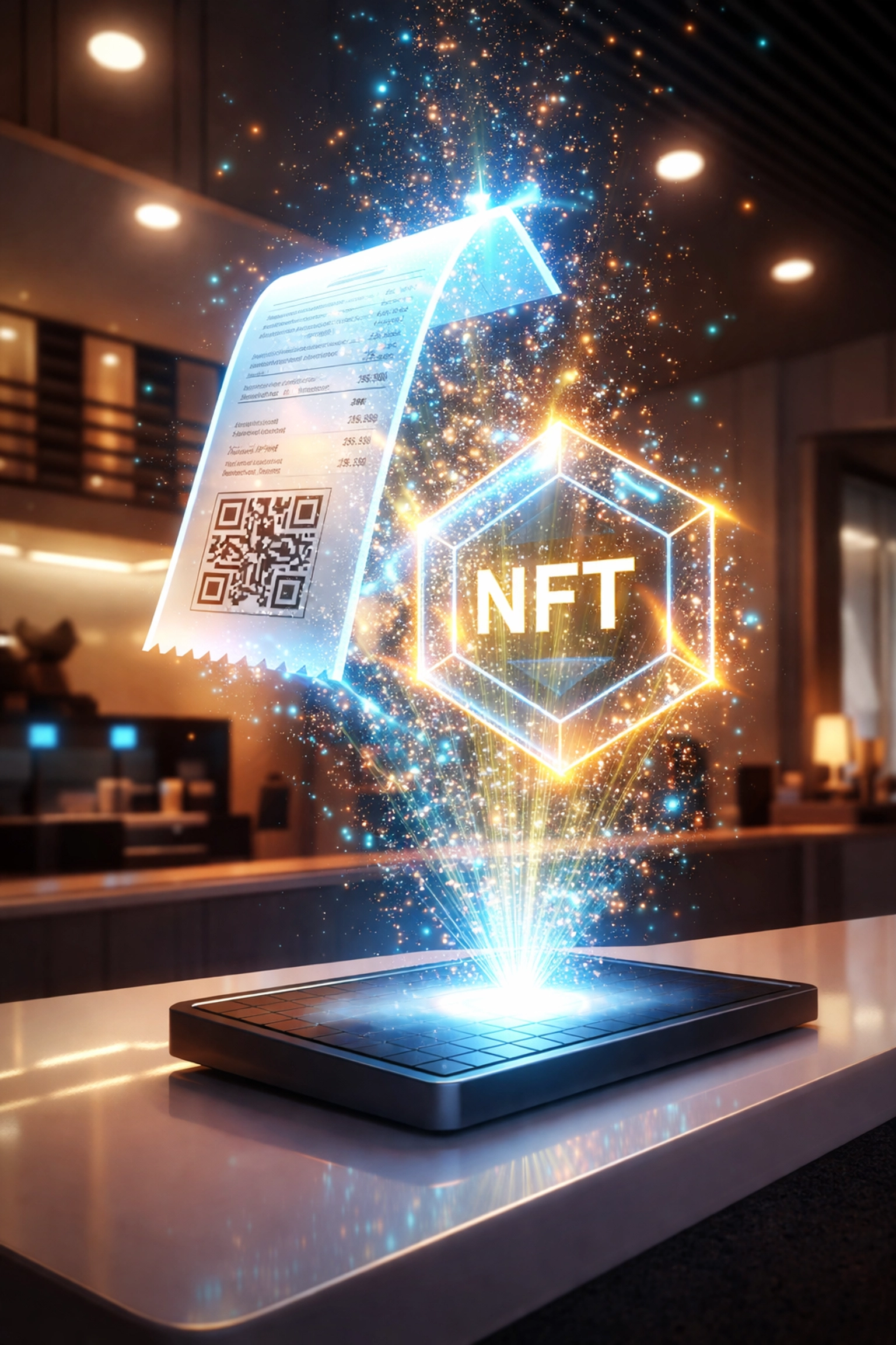 Digital NFT receipt hovering above a coffee shop counter showcasing blockchain-based merchant loyalty programs