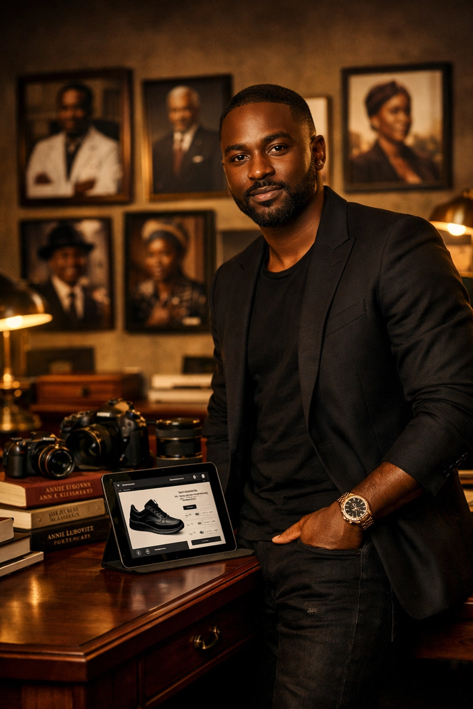 A stylish Black entrepreneur in a creative studio viewing a modern e-commerce marketplace to Buyblack.