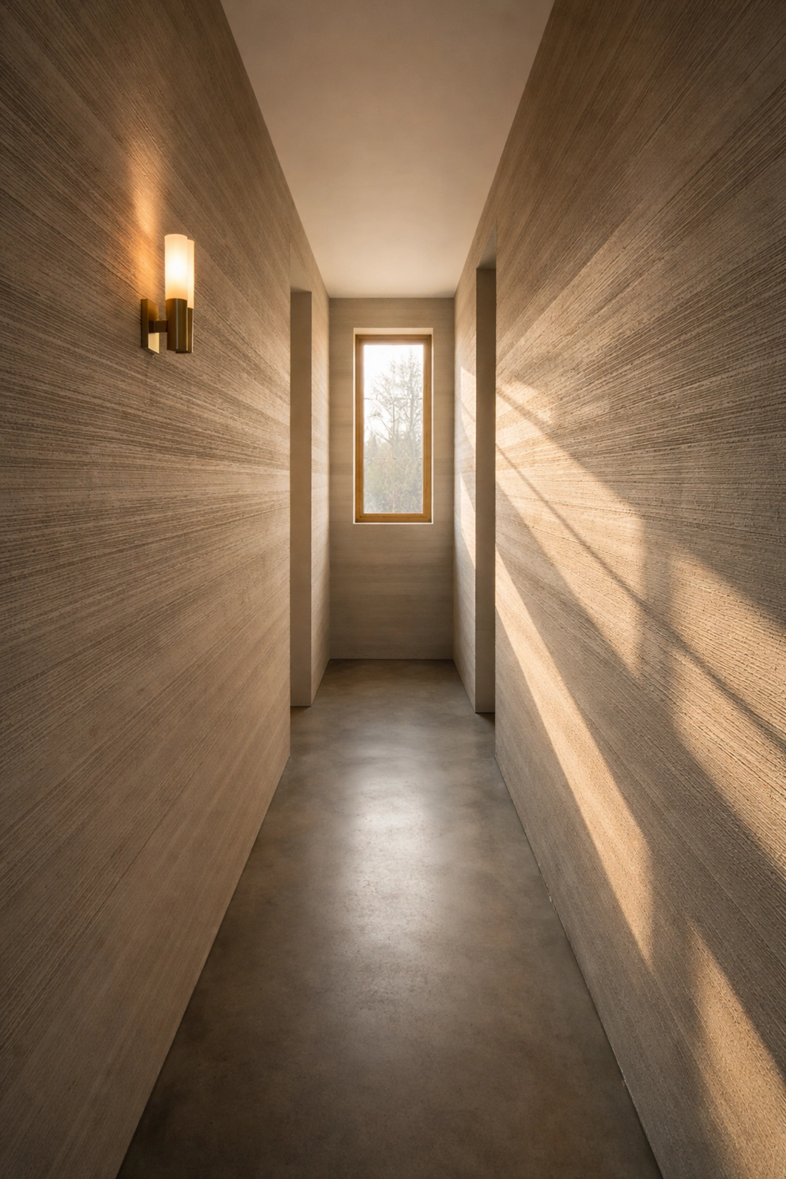 Directional brushed plaster hallway wall with linear texture, dramatic shadows, and modern minimalist finish.