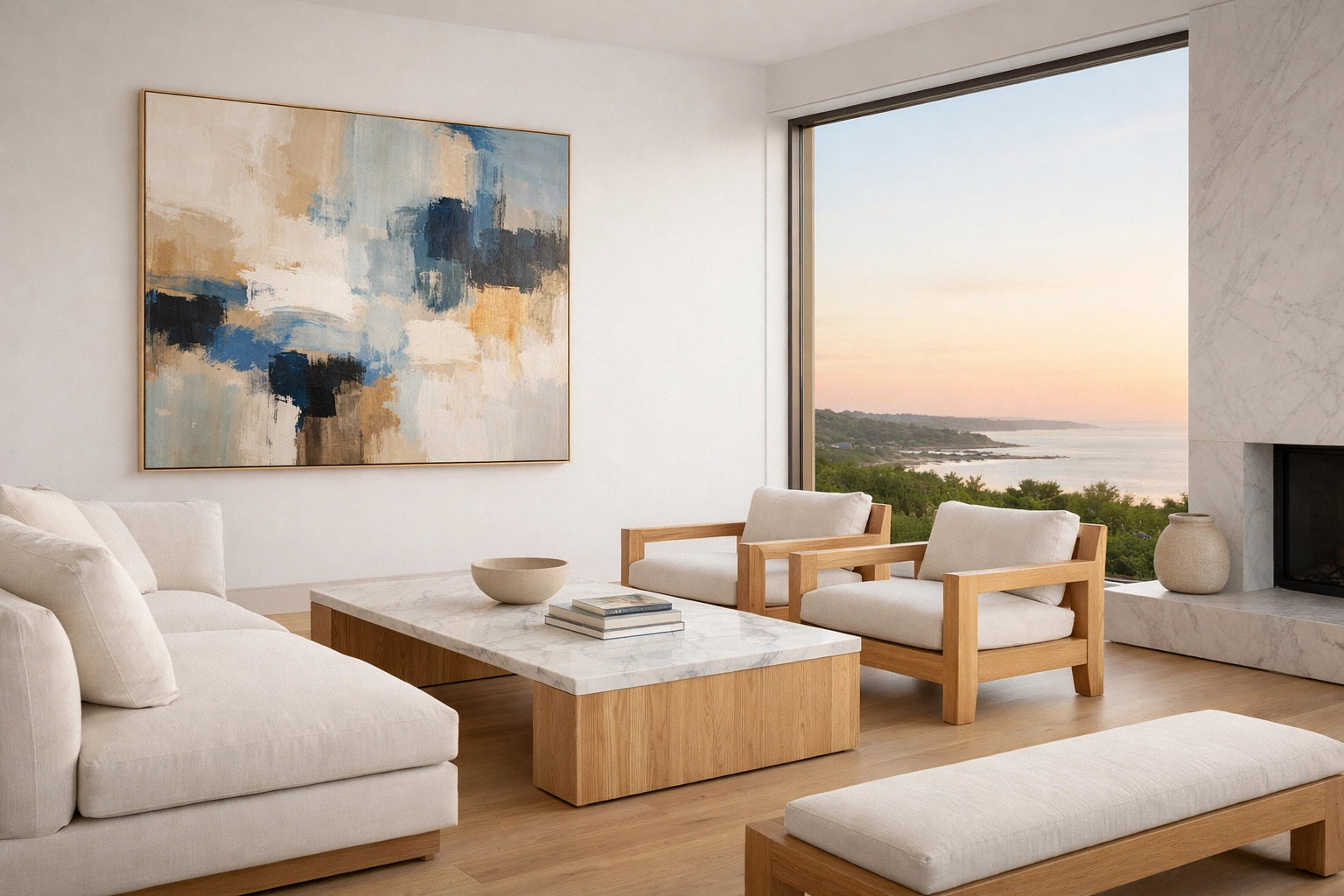 Modern luxury interior of a Martha’s Vineyard home featuring fine art requiring specialized insurance.