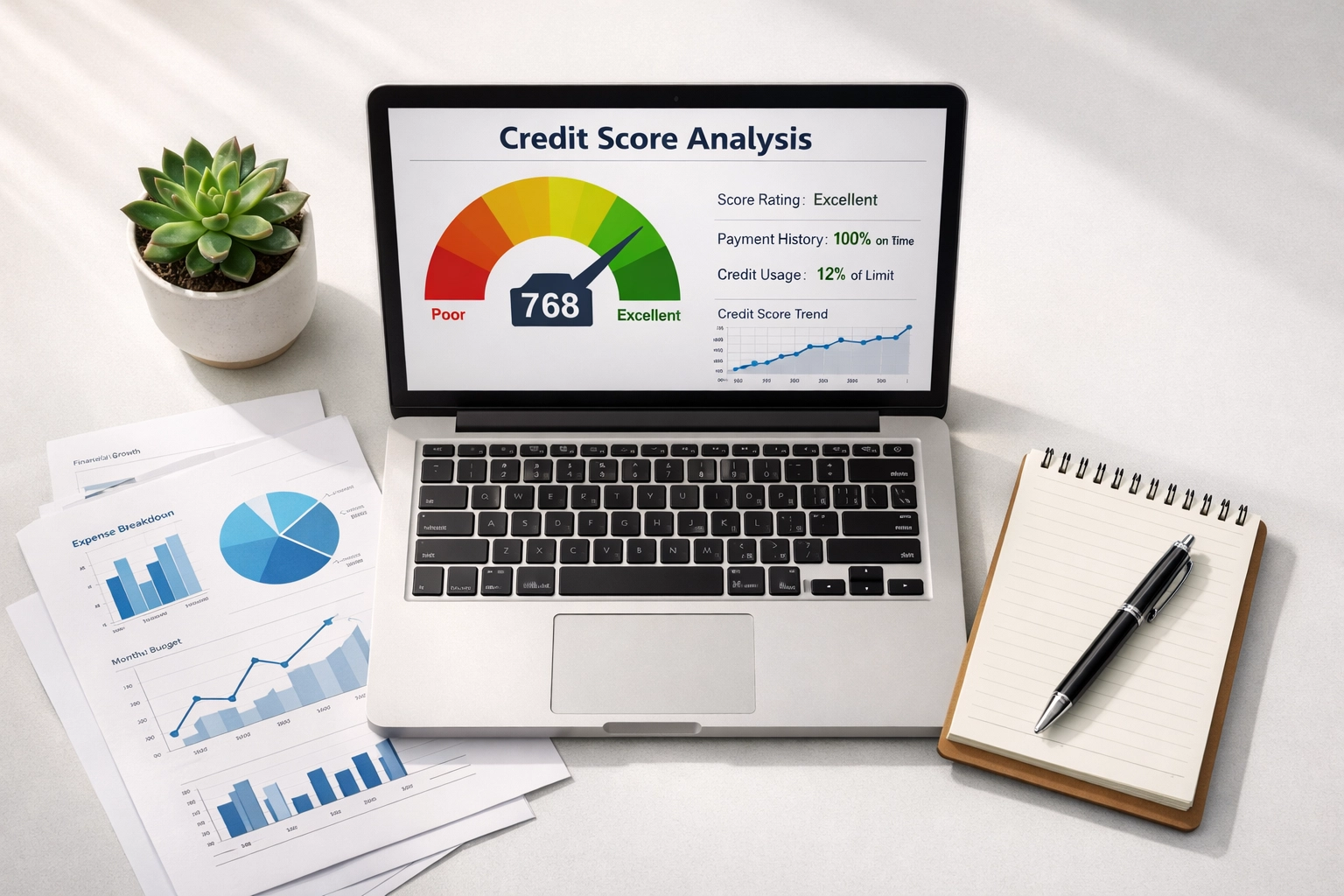 Mortgage broker reviewing credit score analysis and financial documents