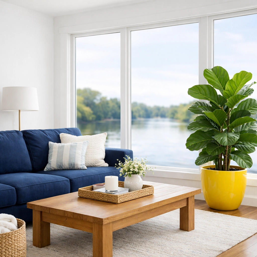 Eco-friendly house cleaning Lowell MA featuring a dust-free living room and healthy green plant.