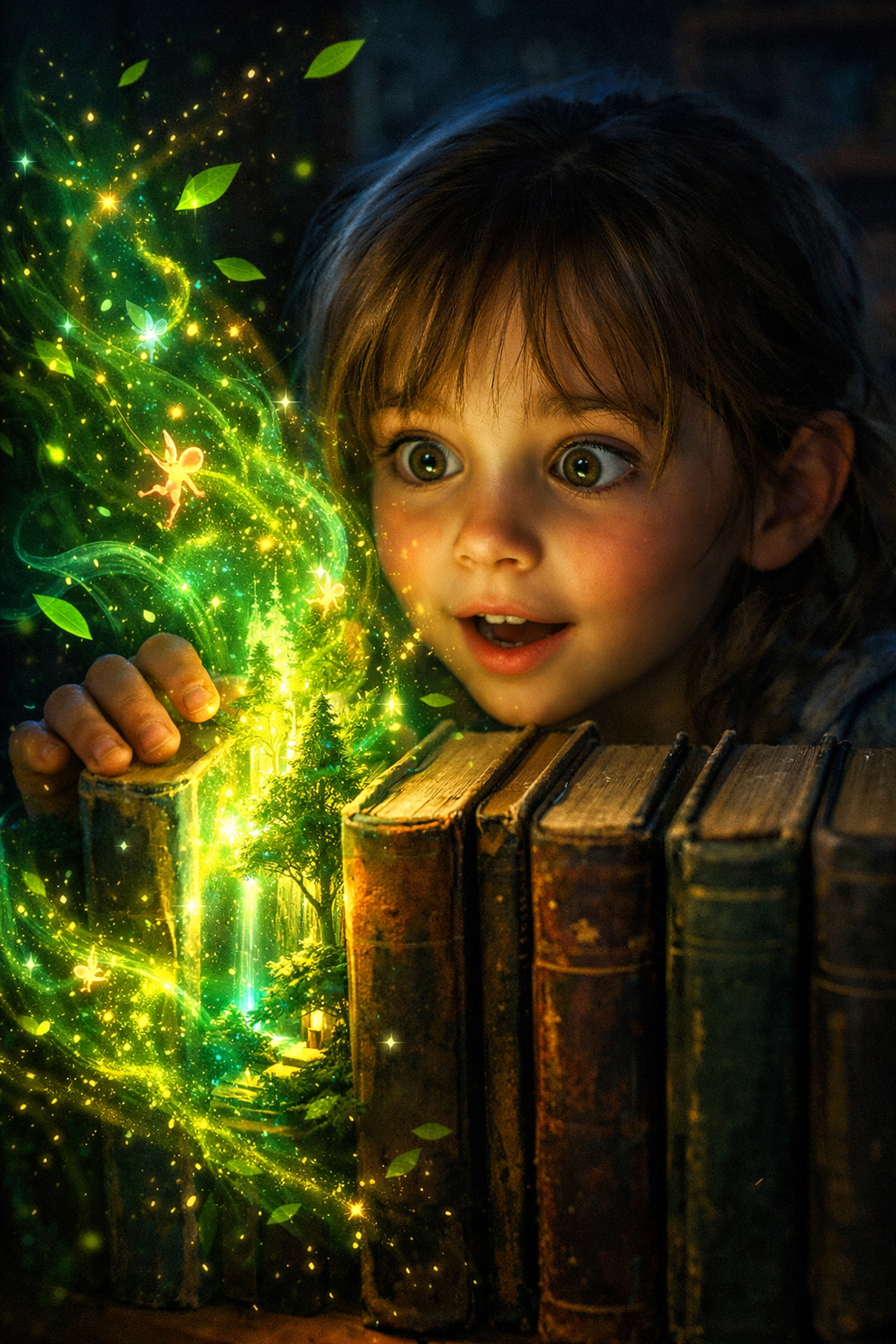 A young girl discovering a magical forest blooming from a children's adventure series.