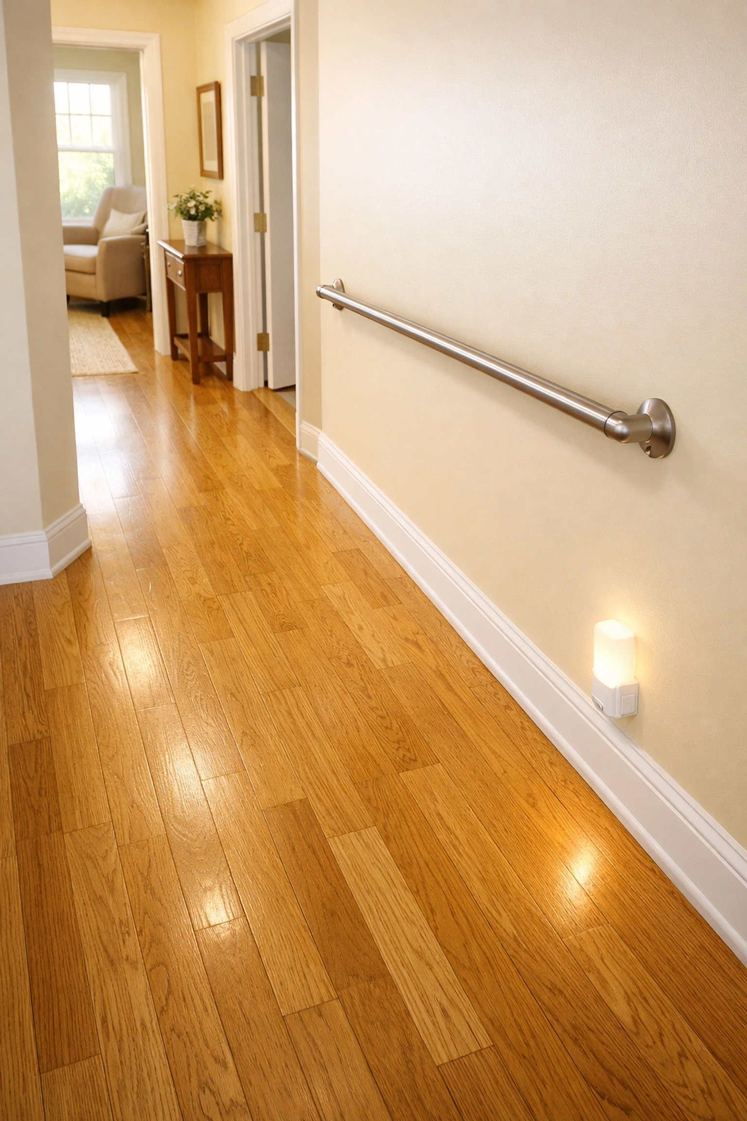 Safe home hallway with grab rails and clear pathways for dementia fall prevention