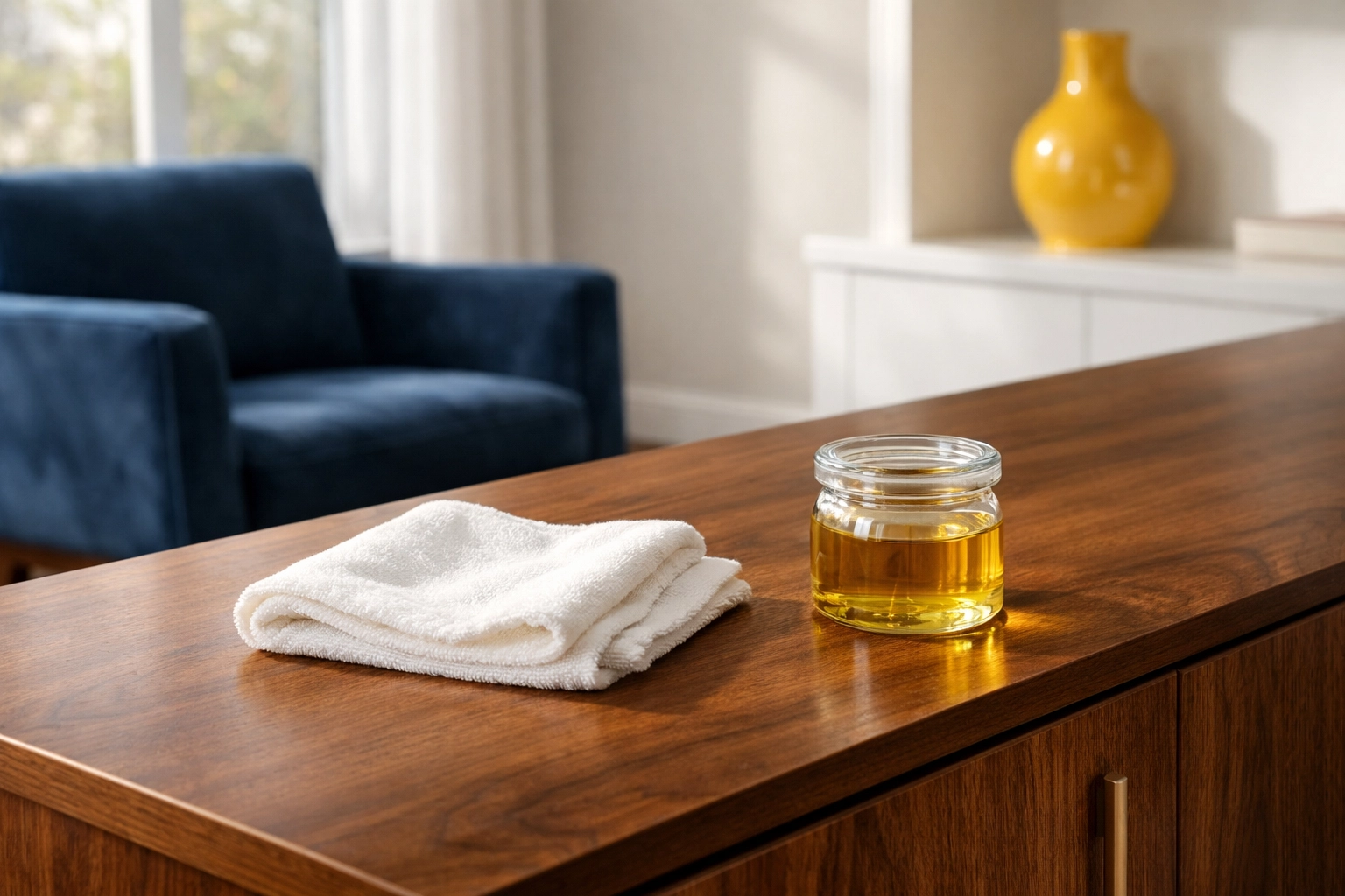 Natural furniture polish and a cloth highlighting the rich texture of a wooden credenza.