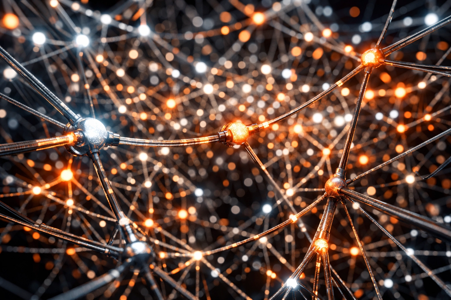Neural network constellation showing complex data connections for deep learning with Python frameworks.