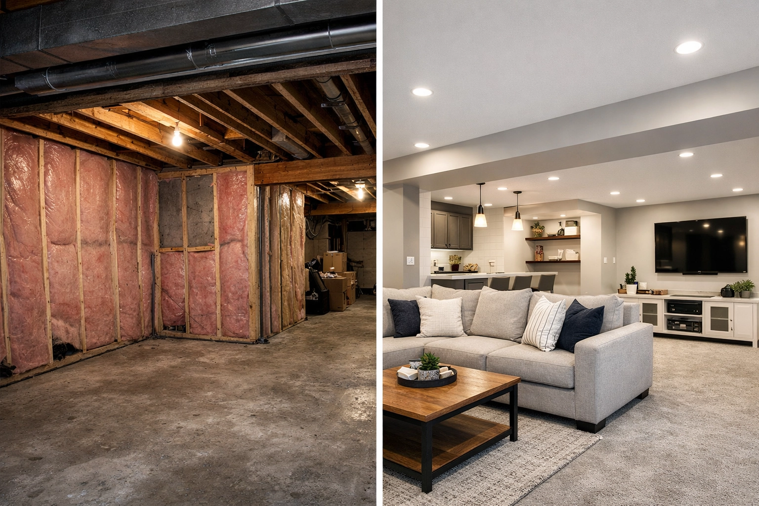 Before and after basement development Red Deer transformation from unfinished to modern living area