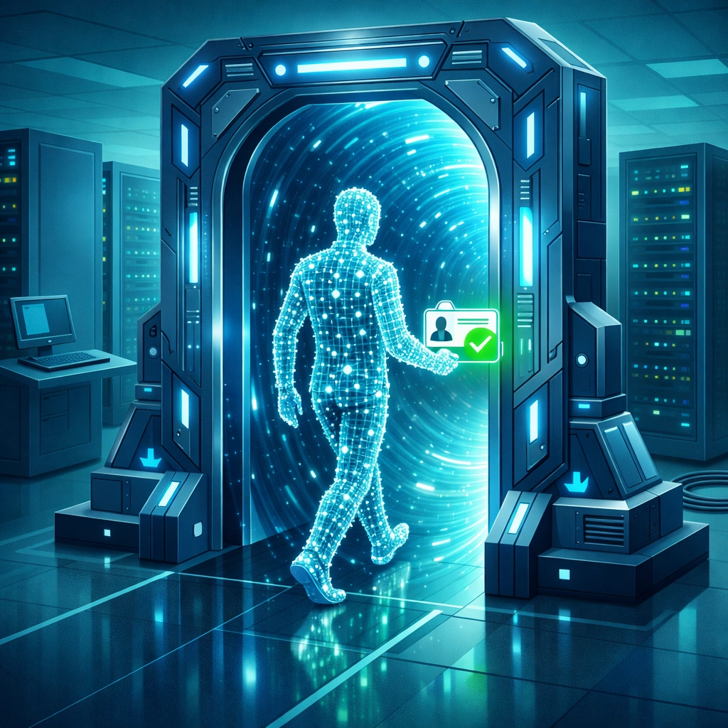 A hacker using stolen credentials and a digital ID to bypass security and log into a corporate network.