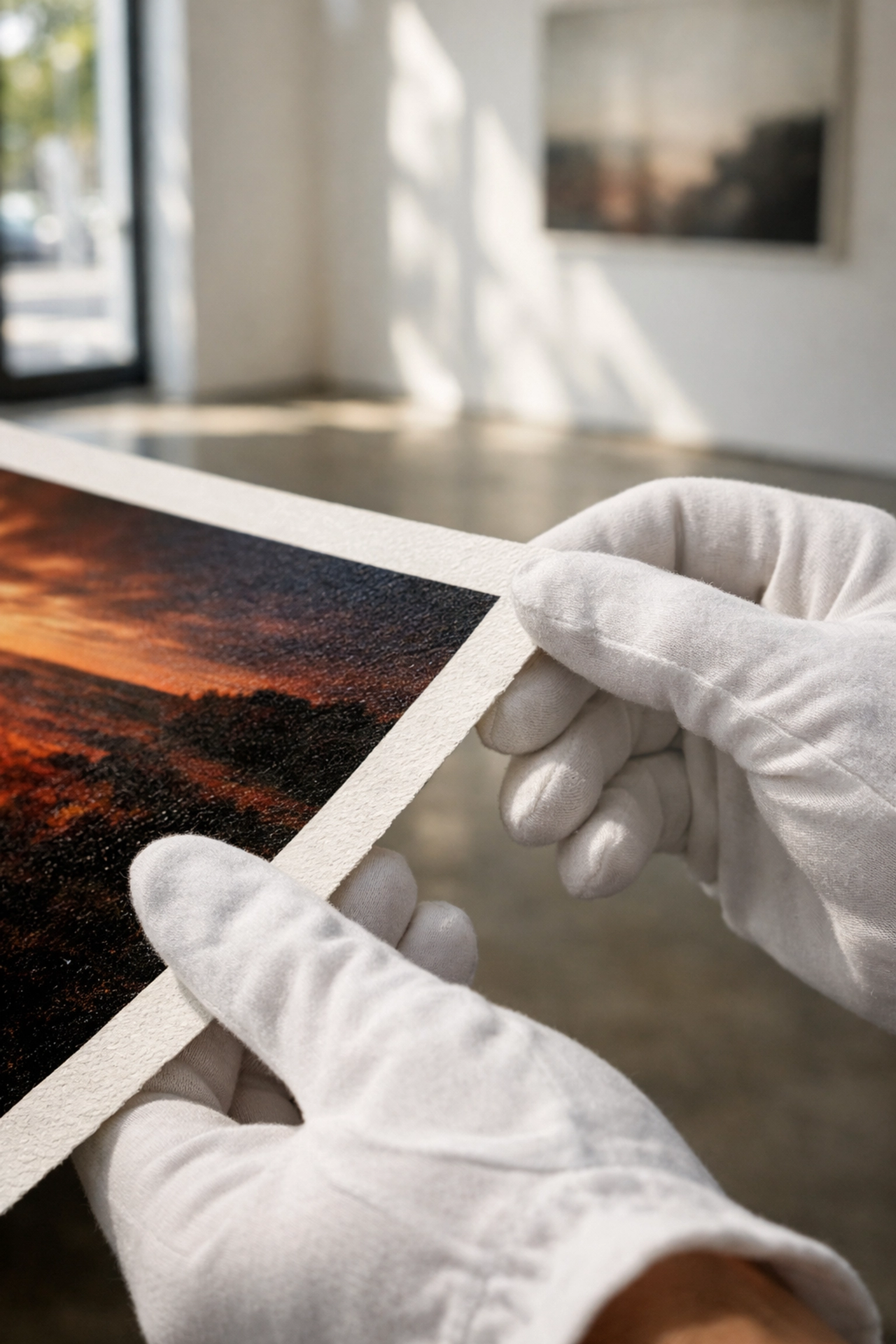 Hands in white archival gloves holding a museum quality print in a Miami fine art gallery.