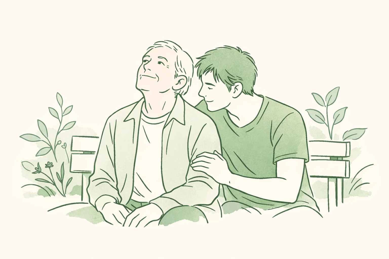 Hand-drawn illustration of an older and younger man on a bench, highlighting age-gap romance and healing.