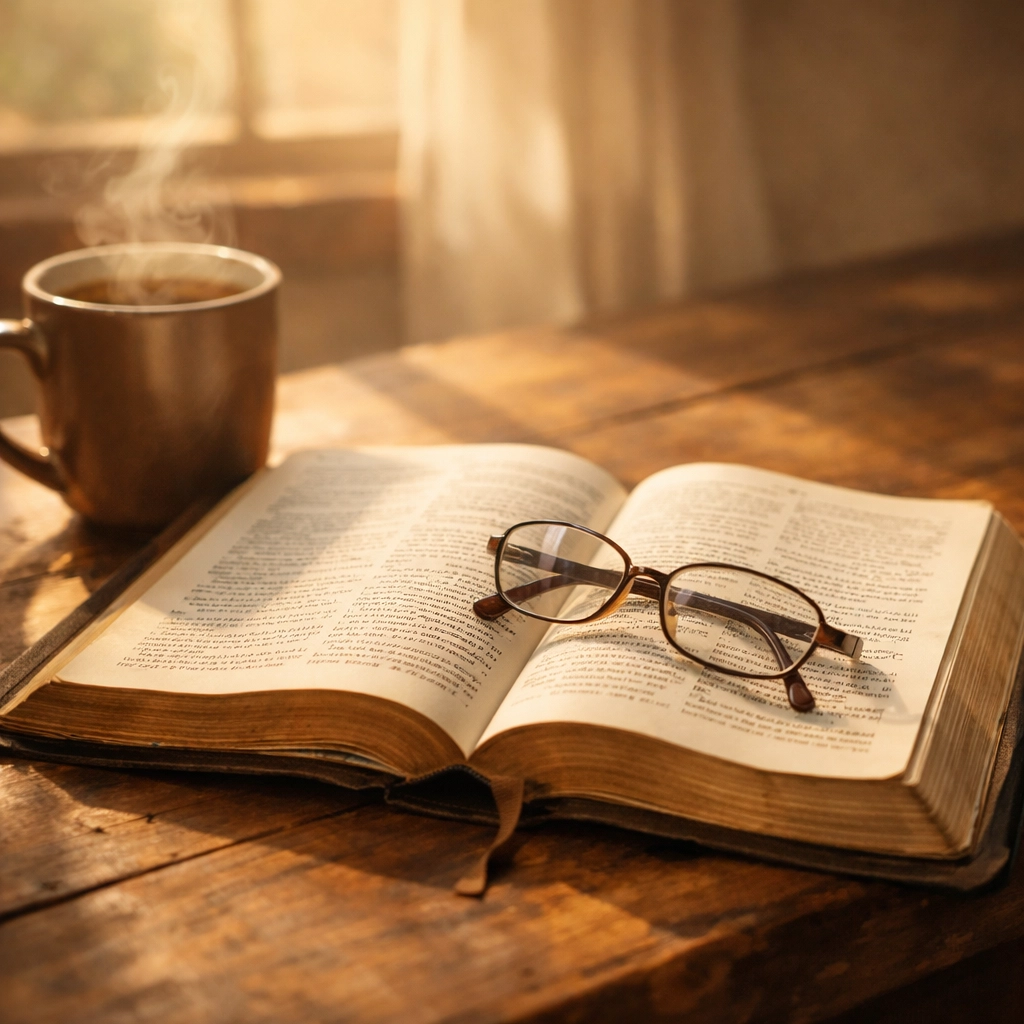 Open Bible on table for morning devotional and peaceful scripture reading