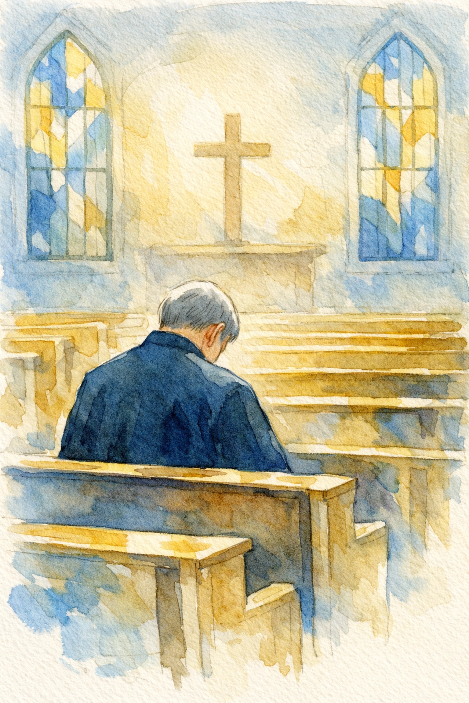 Church leader in prayer at sanctuary pews reflecting on building authentic Christian community