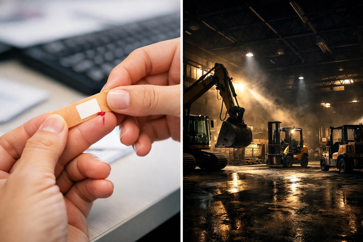 Comparison of minor office injury and industrial warehouse hazards showing workplace safety risk differences
