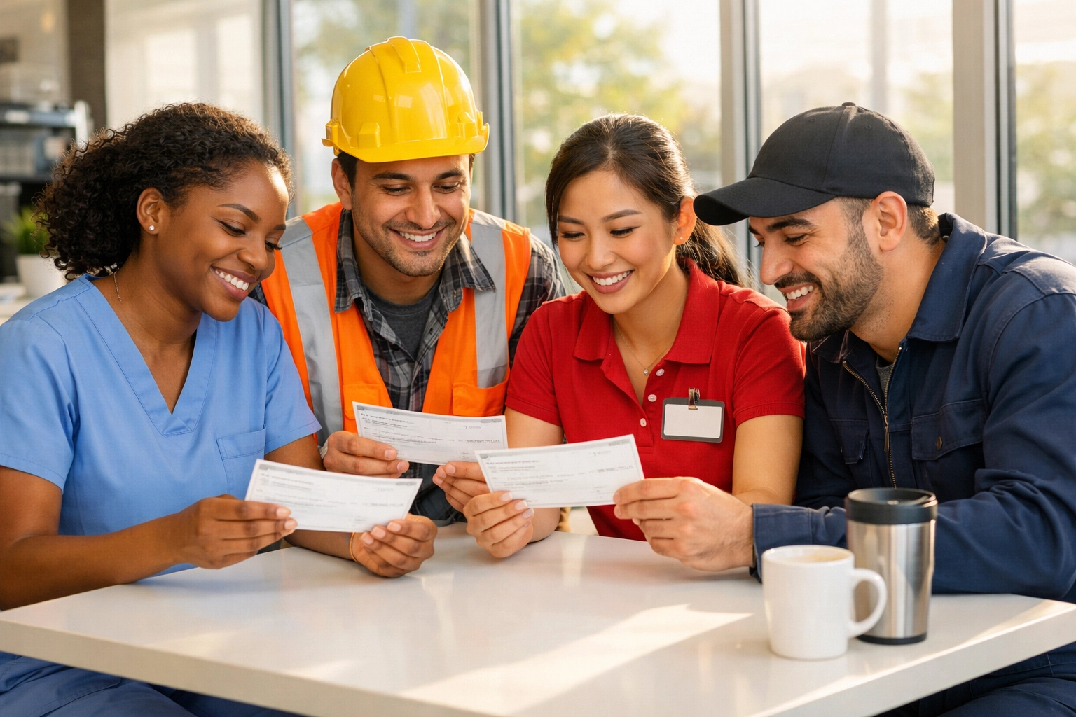Diverse hourly workers reviewing overtime pay and W-2 employee benefits together