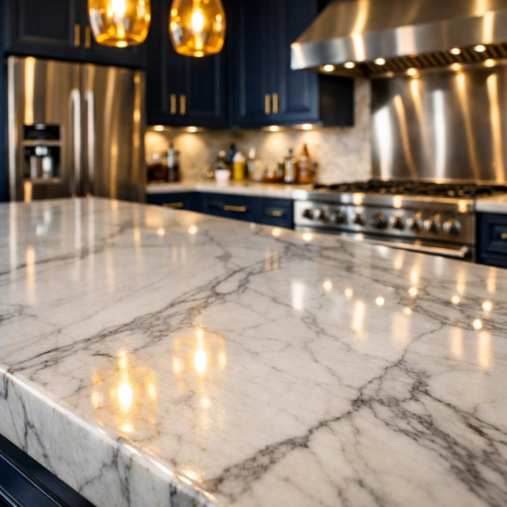 Deep cleaned marble kitchen island in Dover, providing high-end residential cleaning Massachusetts for luxury homes.