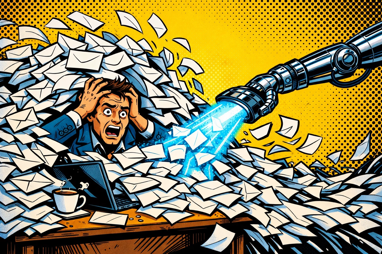 Robotic arm helping a small business owner clear paperwork through workflow automation.