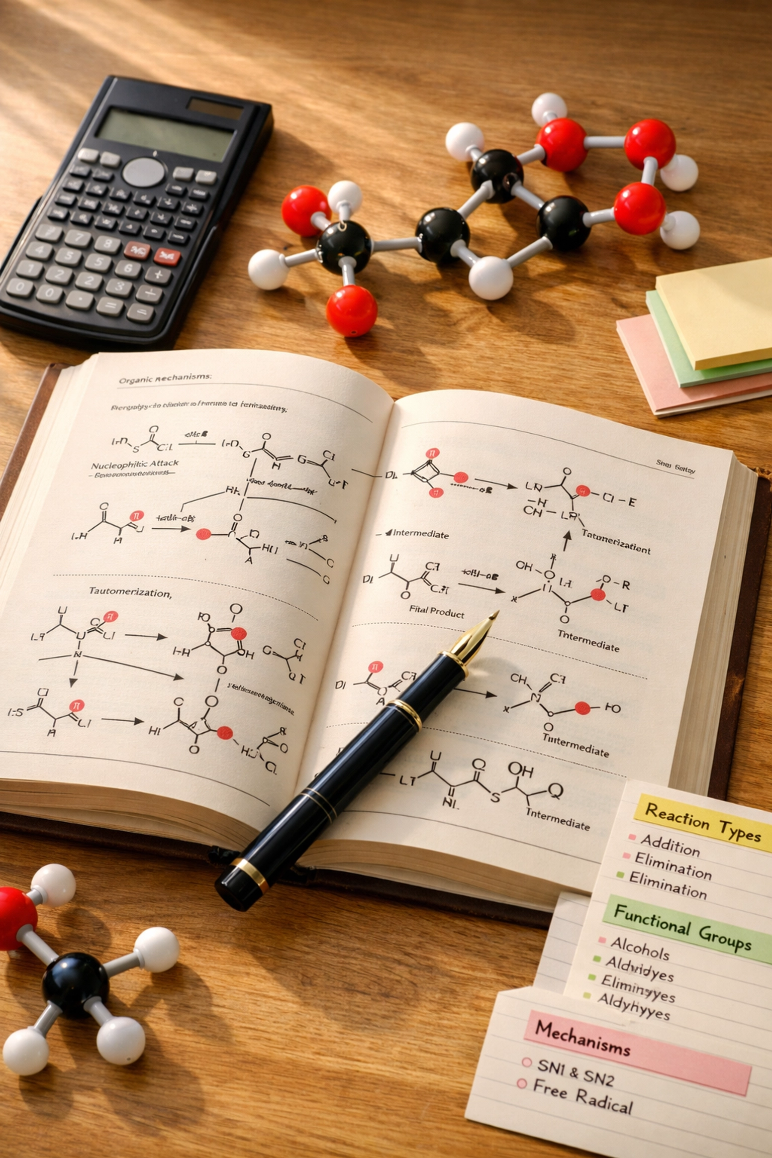 A Level Chemistry study materials with molecular models and revision notes for medical school preparation