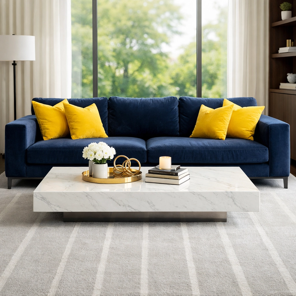 A luxury living room with a freshly vacuumed rug and dust-free surfaces from a professional cleaning team.