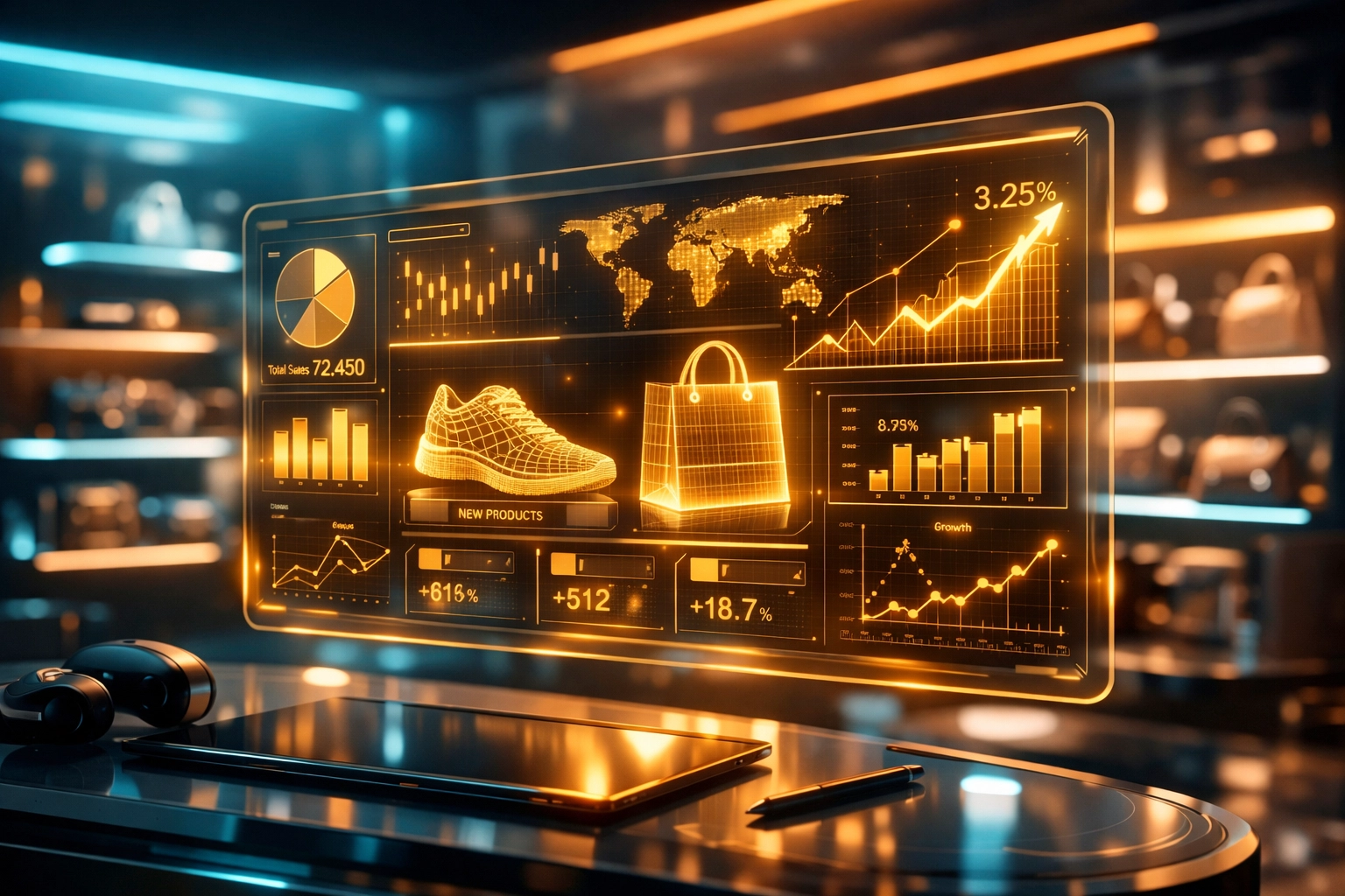 A futuristic virtual reality dashboard showing holographic merchant analytics and digital shop data for Metaverse commerce.