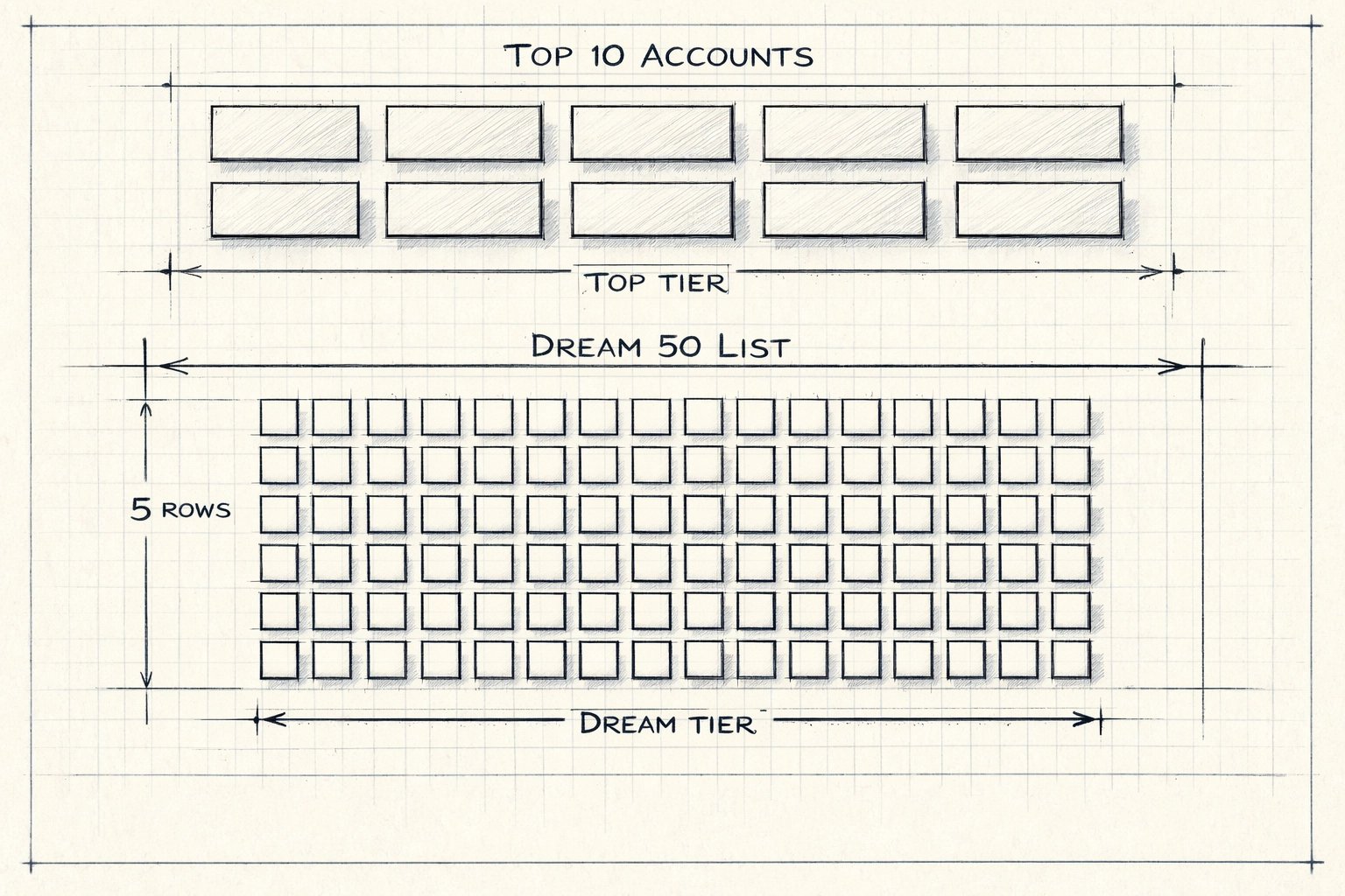 Sales pipeline prioritization chart showing top 10 accounts and dream 50 prospect list organization