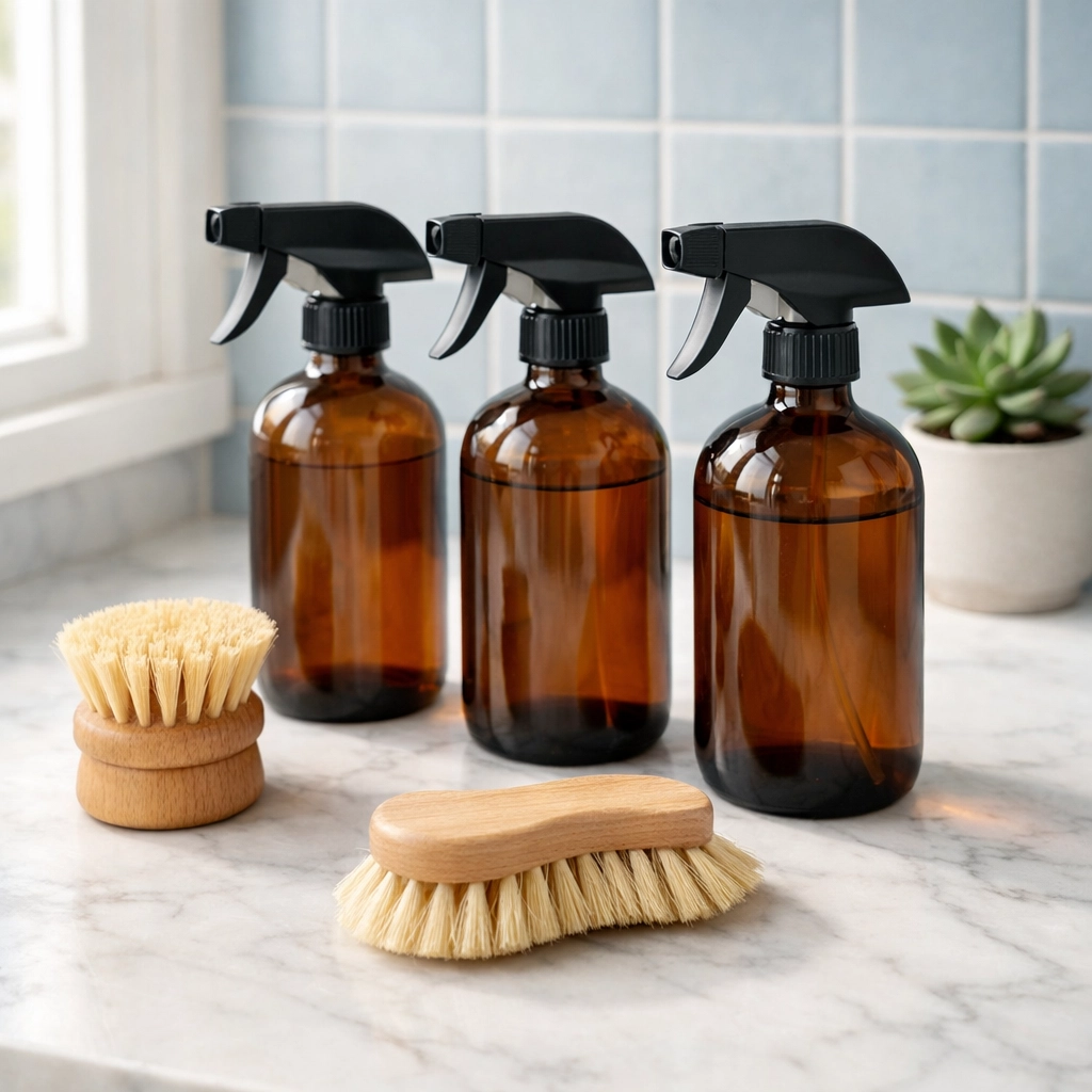 Eco-friendly glass spray bottles and natural beechwood scrub brushes on a marble countertop.