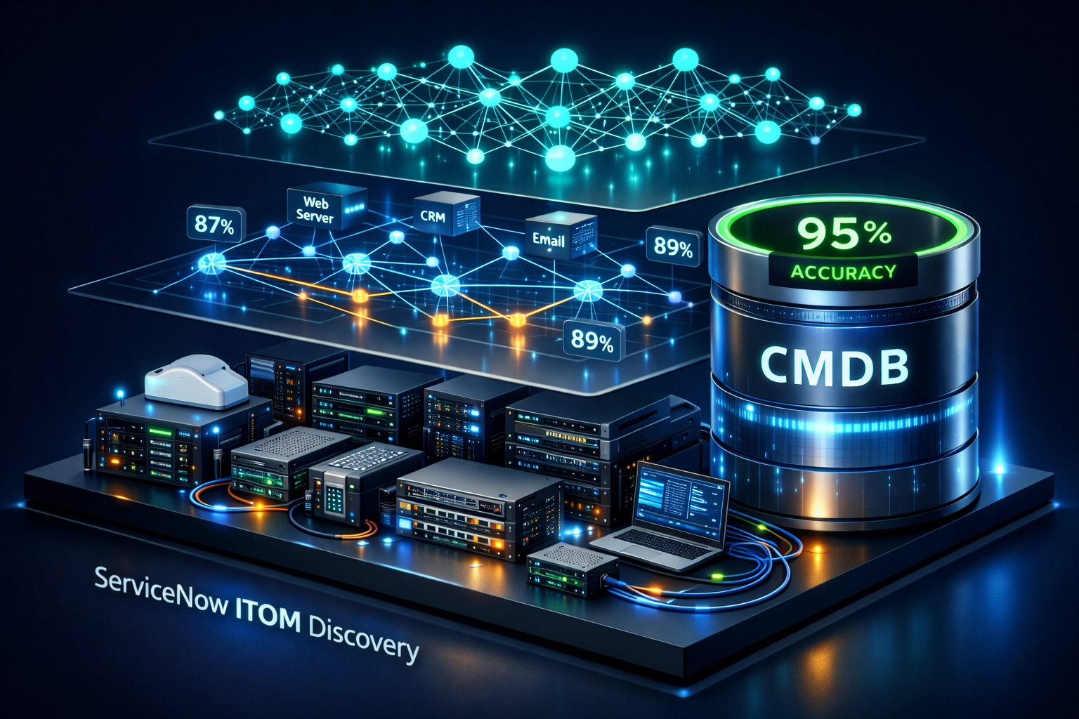 ServiceNow ITOM Discovery process mapping IT infrastructure dependencies and CMDB database accuracy