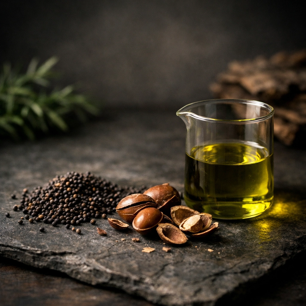 Raw broccoli seeds and argan shells next to a beaker of premium carrier oil blend.