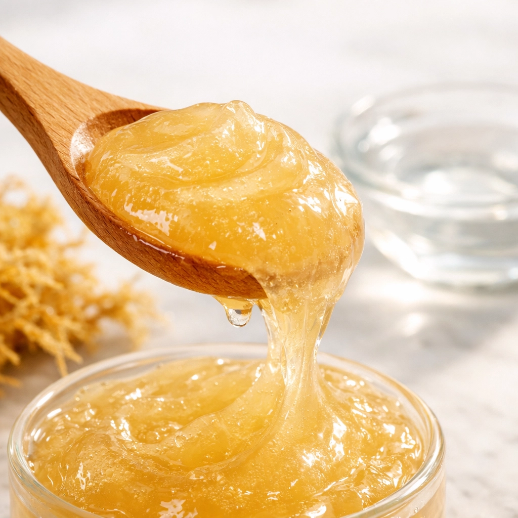 Thick and creamy golden sea moss gel on a wooden spoon illustrating the premium quality of wildcrafted St. Lucia moss.