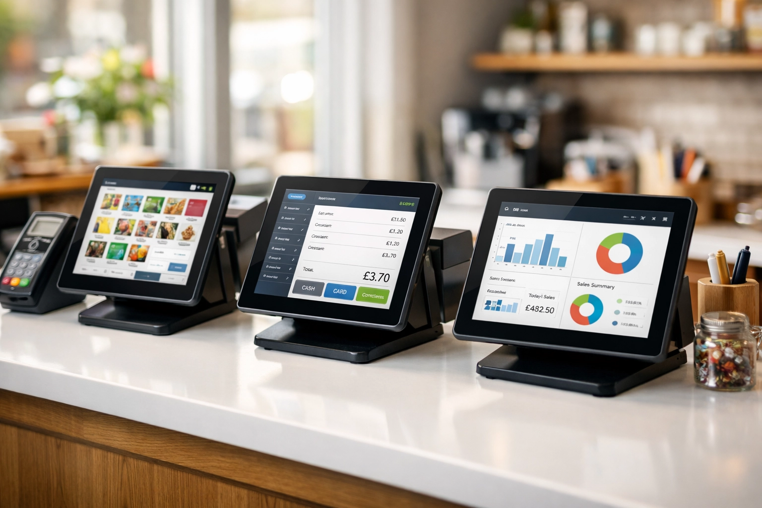 Multiple EPOS tablet systems displayed side-by-side for comparison testing in UK retail environment