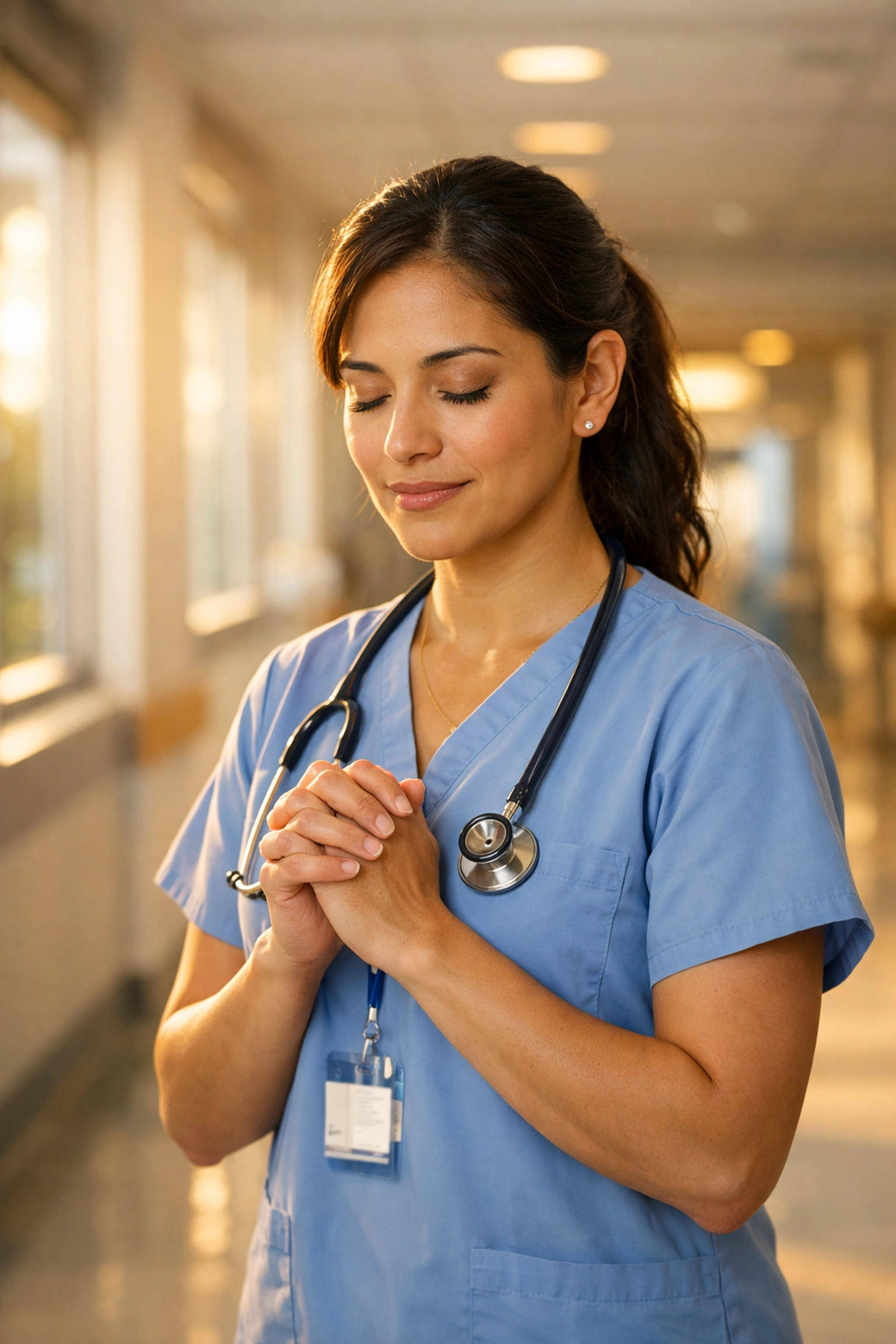 Nurse prays quietly in hospital hallway, seeking peace and strength for a busy shift