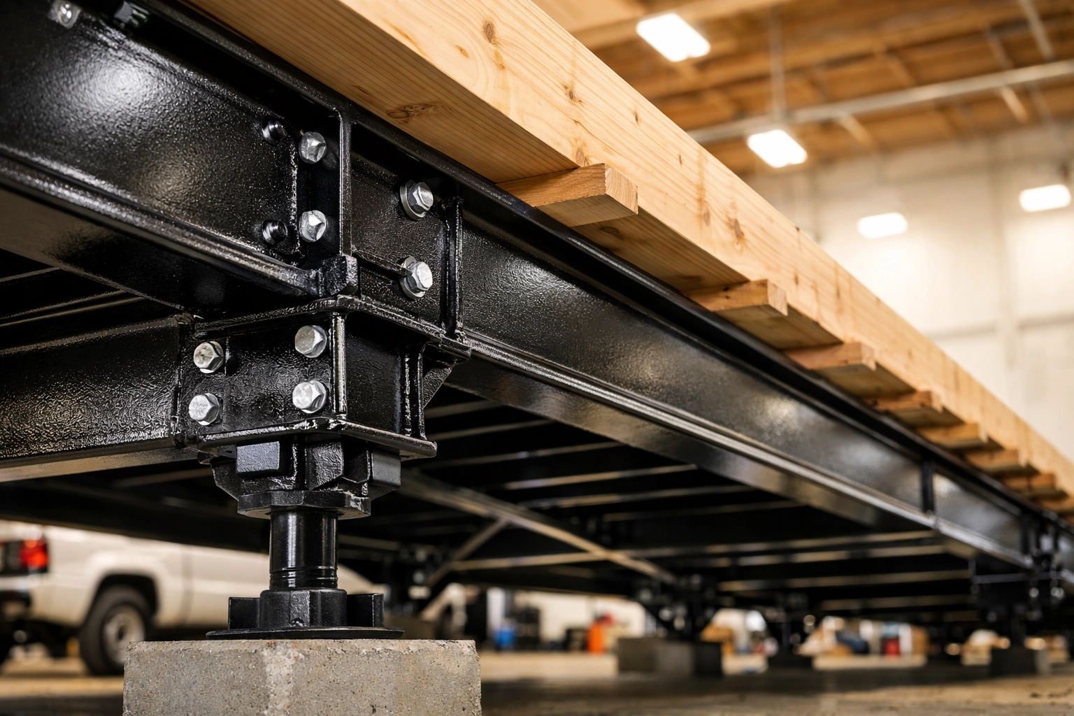Durable steel frame foundation and floor joists providing structural strength for a Texas manufactured home.