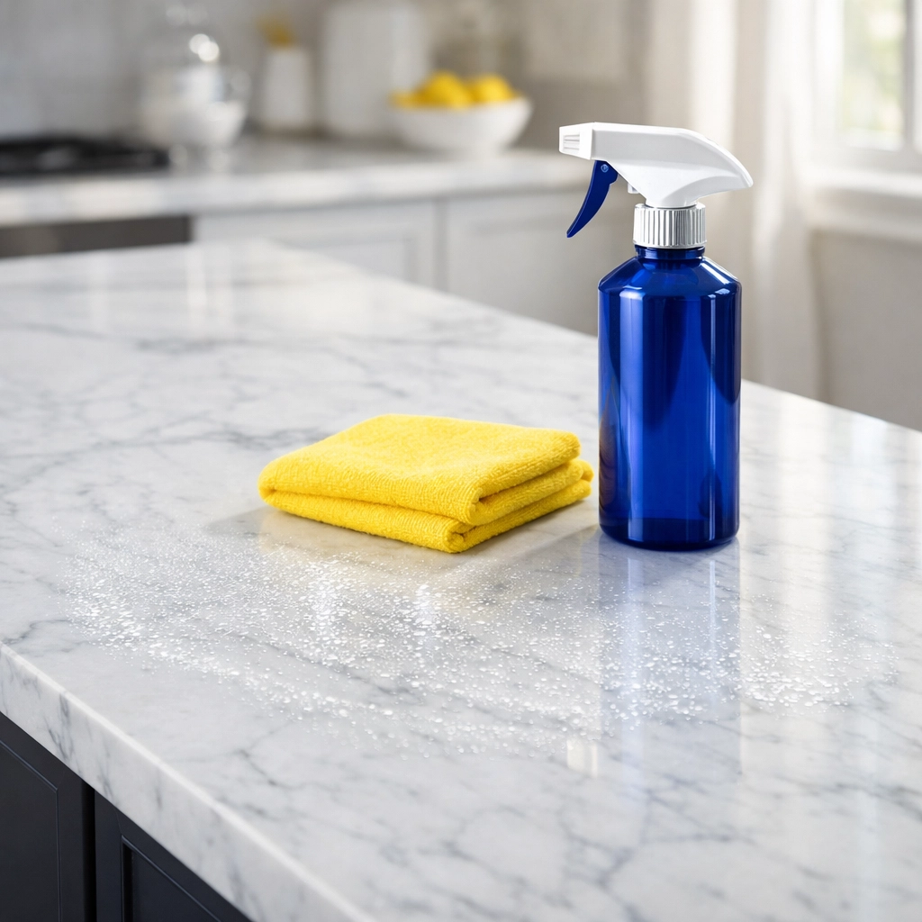 Eco-friendly cleaning solution on a marble counter for professional deep cleaning Worcester.