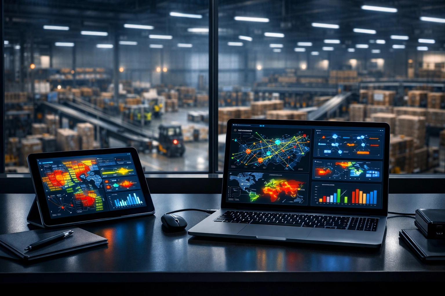 Data-driven logistics command center with management dashboards overlooking a professional warehouse.