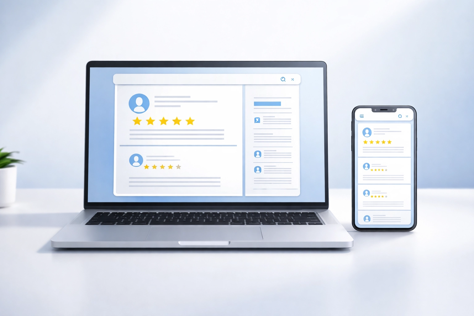 Laptop and smartphone displaying business reviews, highlighting the importance of mobile-friendly local SEO.