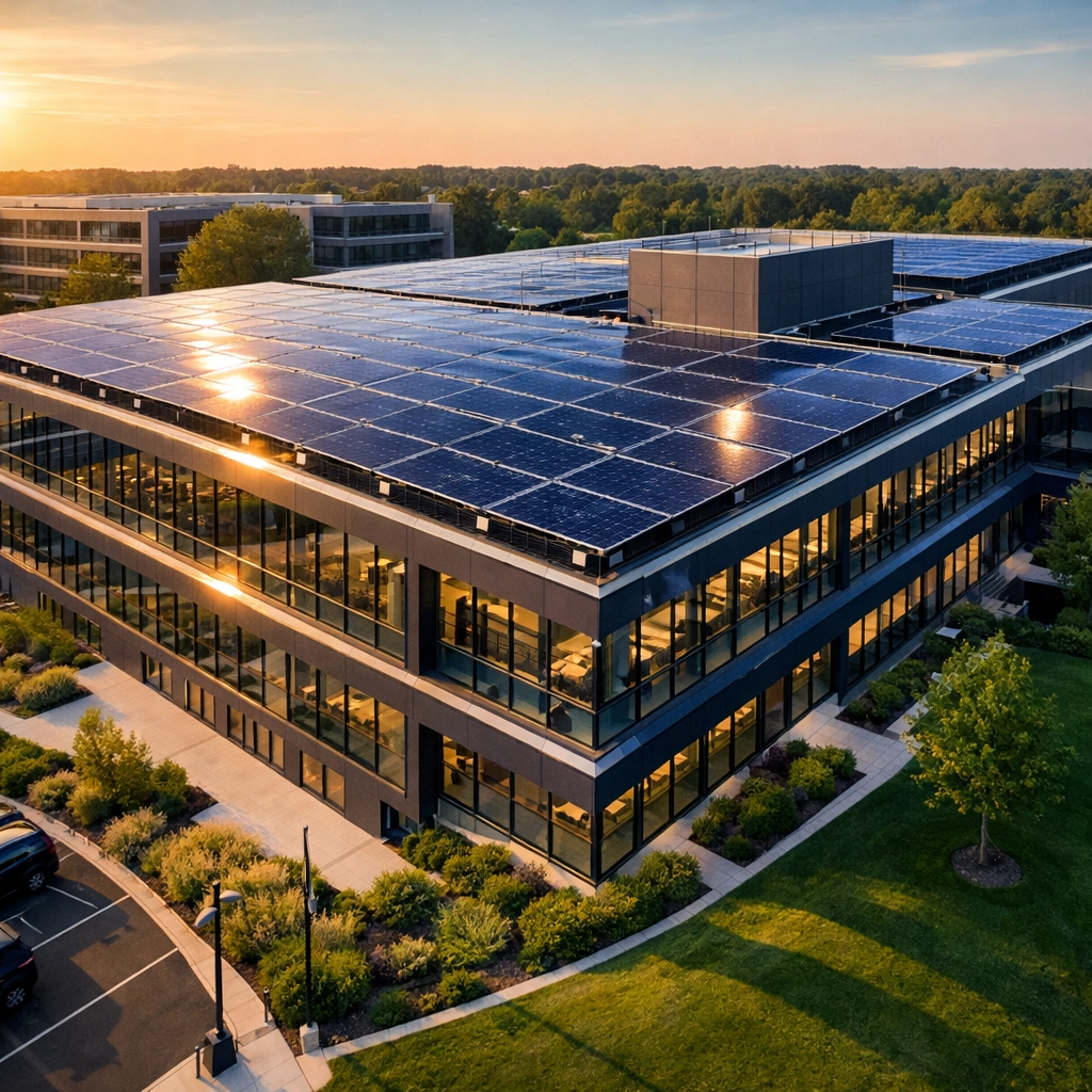Modern commercial building featuring a rooftop solar panel array to maximize business energy savings and ROI.